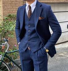Retro Men's Herringbone Tweed Suit 3 Piece Set Wool Suits 1920's Themed Wedding Suit Vintage Style Groom Tuxedos Set Prom Jacket Blazer Vest Pants - 藍色 - 查看 2