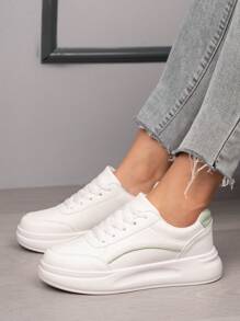 White Platform Sneakers For Women, Fashionable Breathable Flat Lace-Up Casual Mixed Color Shoes, Versatile Work Sneakers - White Green - View 3