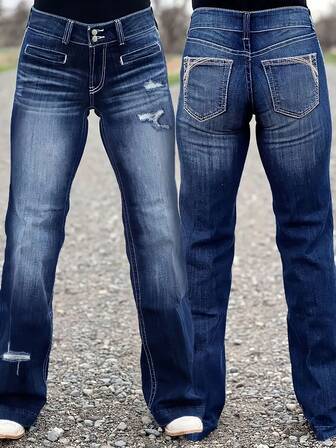 全新女式低腰水洗弹力直筒牛仔裤