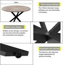 Mesa redonda para cocina y comedor, pieza de madera de diseño retro industrial, patas de metal negro, acabado nogal natural (silla no incluida)
