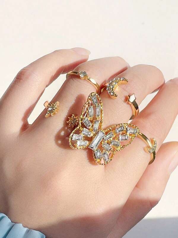 5 Stücke Damen Kristall Mond, Stern & Schmetterling Design Ring Set, stilvoller Party Schmuck