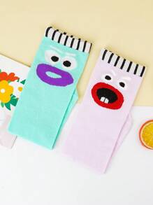 1 Pair Fun Cartoon Pattern Socks With Elastic Cuff, Made Of Polyester And Spandex, Knee-High Length, Knitted Fabric, Suitable For Boys And Girls, Funny Design, Hand Wash, Suitable For Year-Round Wear, Perfect For Home, School, Party, Outdoor, And Holiday Gift