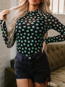 女士圣帕特里克节三叶草印花长袖网眼紧身衣