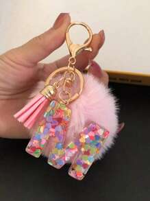 Letter Initial Keychain, Cute Fluffy Ball Keyring, Can Be Hung On Bags, Backpacks, Cars, Ideal Gift For Women And Girls, Also A Wallet And Handbag Accessory. This Tassel Keychain Includes Letters A-Z, Suitable For Commuting Wear. - Pink - View 19