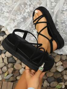 Women's Thick Sole Thin Strap Sandals, 2025 New Summer Versatile Outdoor Non-Slip Roman Sandals, Soft Bottom Beach Shoes