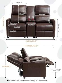 63.4" RV Loveseat Recliner Sofa, PU Leather Double Seat Manual Recliner Couch With 2 Cup Holders And Storage Console Recliner, Home Theater Seating - Rustic Brown - View 3