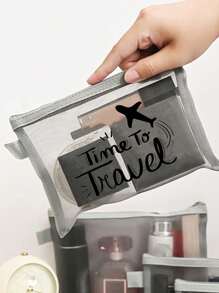 Bolsa de maquillaje con estampado de patrón de letra "Time to Travel", bolsa de almacenamiento para maquillaje y esponja de cojín, bolsa organizadora transparente, neceser de viaje, estilo de vacaciones hawaianas, bolsa de aseo, bolsas de embalaje, para vacaciones, playa, baño, dormitorio, gran capacidad