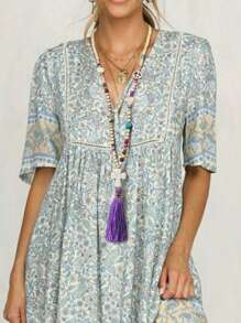 Dây chuyền dài tua rua nhiều màu sắc theo phong cách Boho với hạt gỗ thủ công, mặt dây chuyền hình trái tim và hòa bình, vòng tròn và chữ thập và ngôi sao màu ngọc lam, trang sức mùa xuân/hè cho tiệc lễ - Nhiều màu - Xem 5