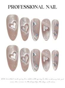 YADORNOS 10Pcs Glitter Pink Love Cat'S Eye French 3D Butterfly Rhinestone Handmade Acrylic Press On Nails Spring Summer Simple Sweet Cute Butterfly Rhinestone Decoration Short Coffin/Long Oval False Nails Full Cover Fake Nails With Jelly Glue And Nail File Back To School Valentine'S Day Wedding Bride Daily Wear Nail Supplies Nails Handmade Press On Nails - Pink - View 6