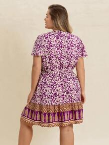 Rusttydustty 春夏女式加大码紫色碎花V领短袖拼接连衣裙，适合海滩度假、情人节、音乐节等场合。 - 紫色 - 查看 4