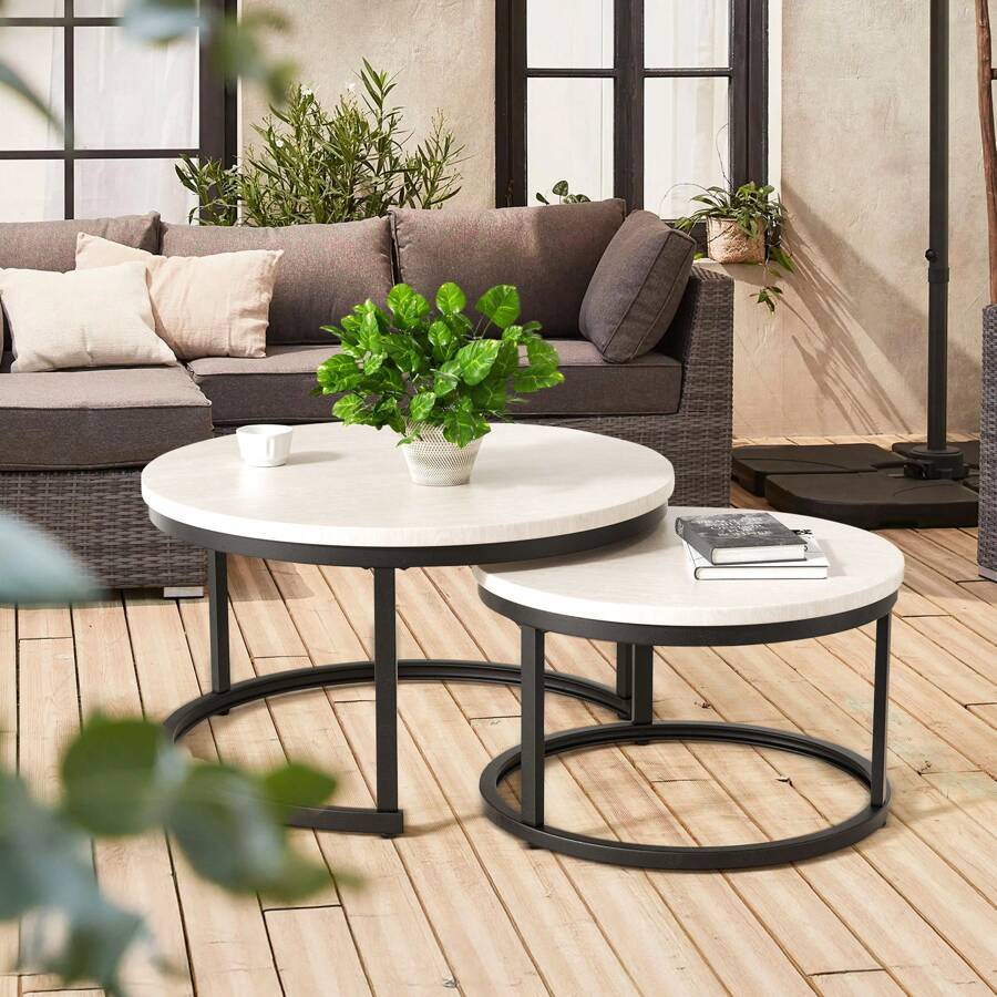 Nalupatio Side Table Set Round, Coffee Table Made Of Wood With Metal Frame, Modern Coffee Tables Set Of Tables For Living Room Bedroom Brown - 米色 - 查看 1