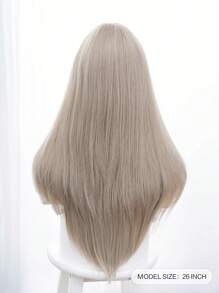 前额蕾丝 4*1，1 片合成耐热直发无刘海亚麻米灰色 26 英寸全编织日常自然逼真假发 - 米色 - 查看 3