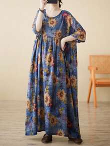 2026春节母亲节优雅日常连体裤、上衣、睡衣内搭、波西米亚休闲度假连衣裙、夏季新款圆领短袖连衣裙、女士大码度假装、沙滩装 - 藍色 - 查看 2