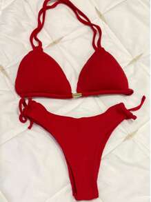 Ribbed Triangle Bikini Bottoms With Double Thong And Semi-G-String - 紅色 - 查看 3