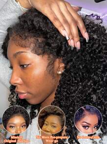 13x4 Lace Frontal Jerry Curly Human Hair Wig With 3a Hybird Hairline 180% Density Coily Curly Wig With Kinky Edges For 22 Inches Long Wig Looking Natural Brazilian Virgin Remy Hair Pre Plucked Bleached Knots