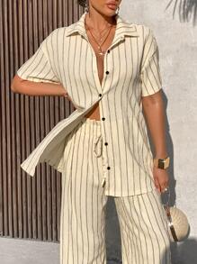 Women's Summer Casual Vacation Striped Long Style Blouse & Pants Two-Piece Set (Random Print) - Light Apricot - View 6