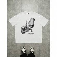 Los Angeles LA Hand Gesture Logo Print Street Style Black Drop Shoulder T-Shirt For Men Printed Short Sleeve T-Shirt For Summer Graphic Tees Round Neck Short Sleeve T-Shirt Casual T-Shirt - 白色 - 查看 1
