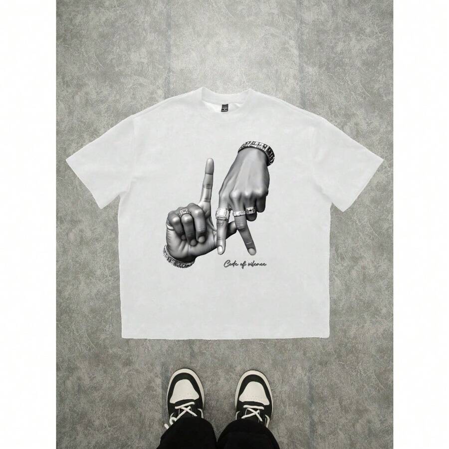 Los Angeles LA Hand Gesture Logo Print Street Style Black Drop Shoulder T-Shirt For Men Printed Short Sleeve T-Shirt For Summer Graphic Tees Round Neck Short Sleeve T-Shirt Casual T-Shirt - 白色 - 查看 1