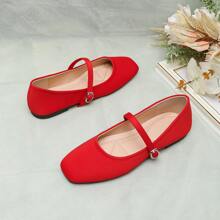 Women's French Style Mary Jane Flats, Square Toe Casual Spring Loafers, Red Color - Chinese Red - View 2