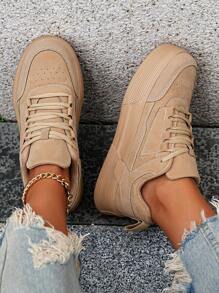 (Size Runs Small) Women's Minimalist Solid Color Patchwork Detail Front Tie Skateboard Shoes, Round Toe Platform Comfortable Casual Sneakers