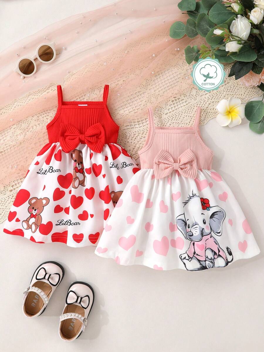 2pcs Set Casual Elegant Sweet Cute Baby Girl Outfit, Soft Comfortable Heart Elephant & Cartoon Bear Print Bow Strap Princess Dress, Baby Girl Dress, Toddler Girl Clothing, Suitable For Daily Use, Vacation, Party, Photo Shoot