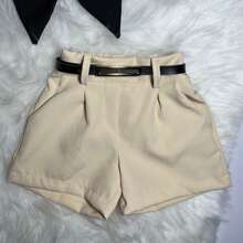 Shorts Infantil Menina Com Cinto Alfaiataria Bloguerinha Festa Moda Lançamento Verão - Bege - Visão 7