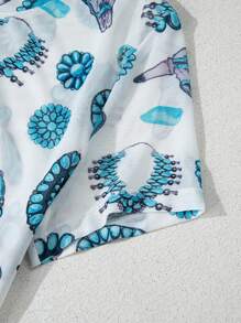 Fiyote Summer Sky Blue & Green Turquoise Retro Print Slim Fit Round Neck T-Shirt - Blue - View 7