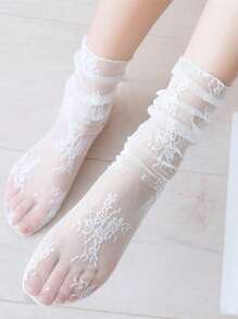 1 paar witte mesh kant frilly sokken voor dames schattige JK hoge sokken dunne zomer ademende retro zwarte visnetkousen