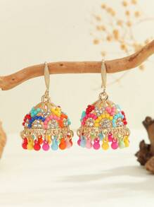 1 Pair Fashionable Boho Style Colorful Cubic Zirconia Bell Round Bead Tassel Earrings, Exquisite And Glamorous Bollywood Ear Jewelry, Suitable For Women's Daily, Festival, Wedding And Party Wear/Jewelry Gift - Multicolor - View 3