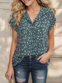 Women's Short Sleeve Casual Printed Lapel Shirt Work Shirt Top - 綠色 - 查看 3