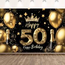 1pc Elegant Gold 50th Birthday Party Background, Polyester Fabric, No Electricity, Suitable For Housewarming, Anniversaries And Celebrations, Shiny Balloons And Champagne Design - Multicolor - View 1