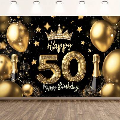 1pc Elegant Gold 50th Birthday Party Background, Polyester Fabric, No Electricity, Suitable For Housewarming, Anniversaries And Celebrations, Shiny Balloons And Champagne Design