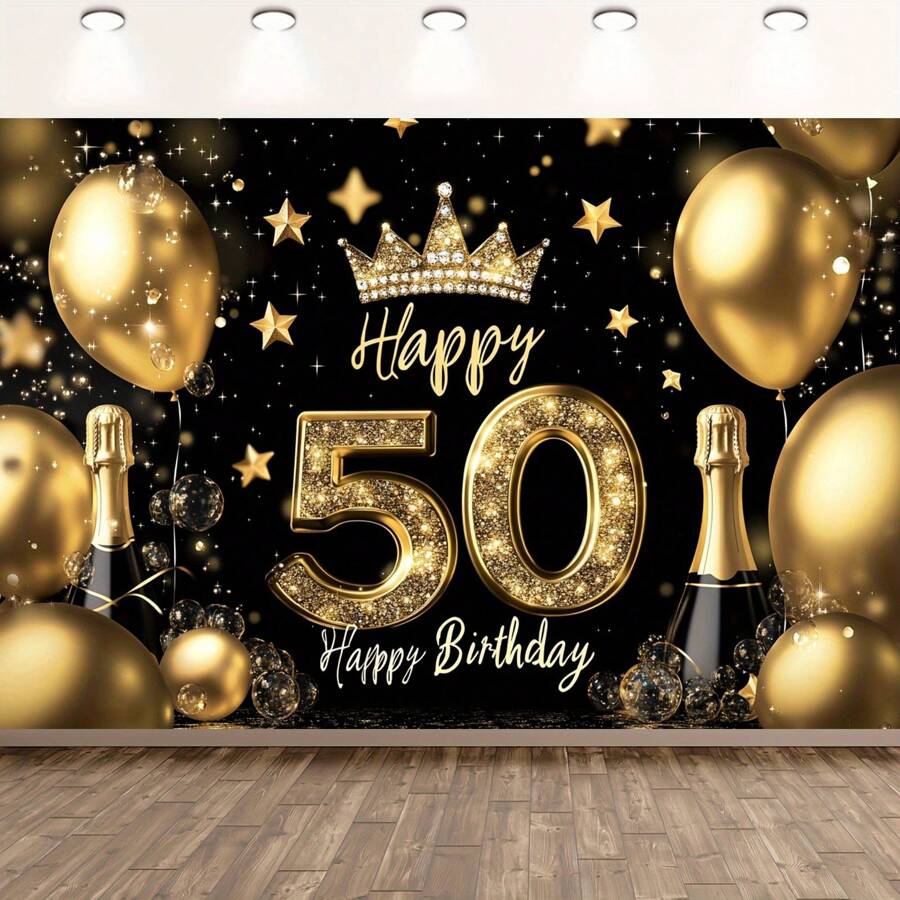 1pc Elegant Gold 50th Birthday Party Background, Polyester Fabric, No Electricity, Suitable For Housewarming, Anniversaries And Celebrations, Shiny Balloons And Champagne Design - Multicolor - View 1
