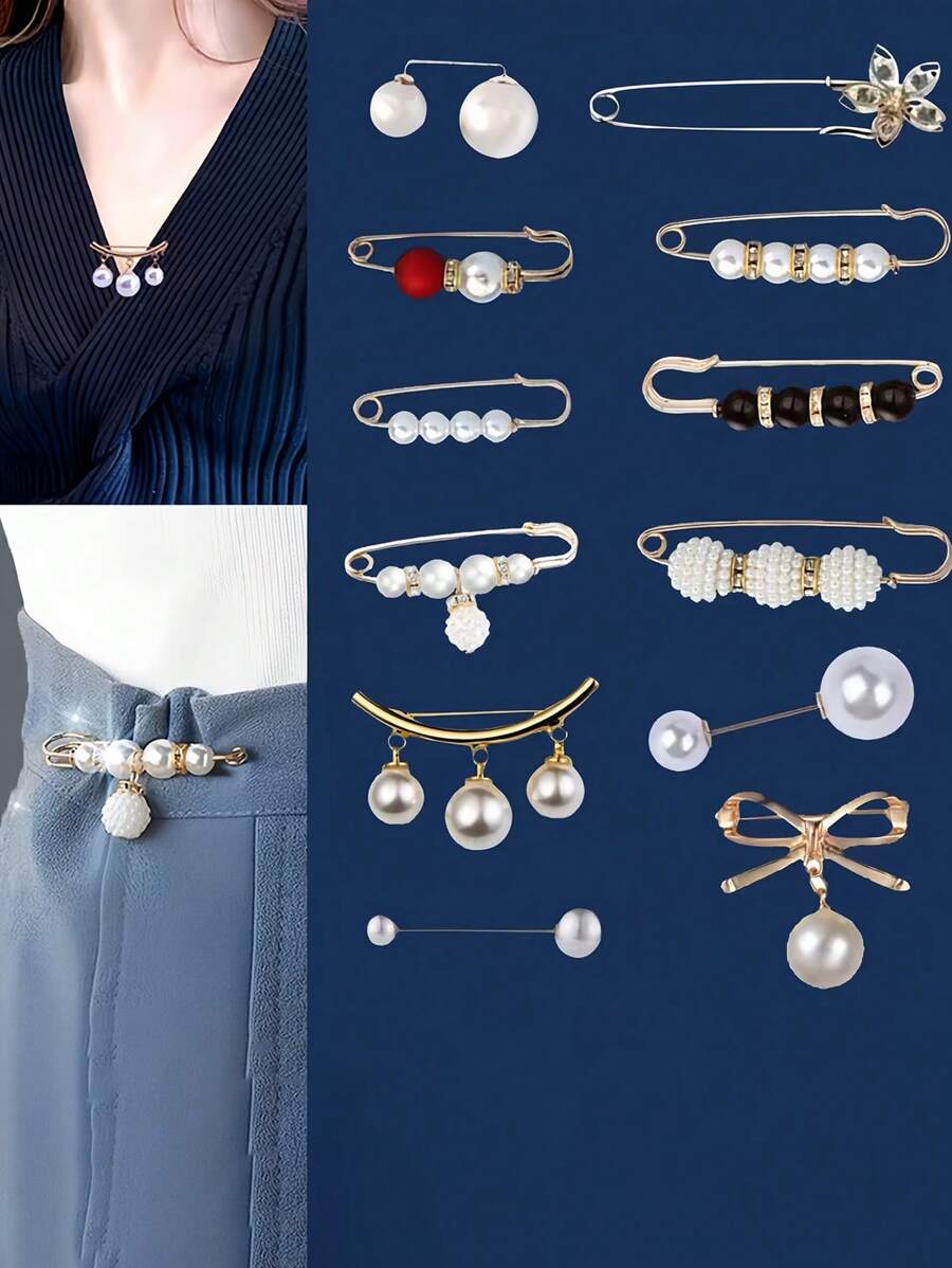 12 件仿珍珠胸针裤夹腰部调节器女士服装腰部收缩器防走光夹连衣裙配饰别针衣服包饰学校办公室配饰衬衫夹克珠宝圣诞节万圣节衣服别针有趣可爱教师礼物服装配饰包饰