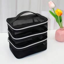 Borsa da trucco alla moda e semplice in rete, grande capacità, multistrato, multifunzionale, borsa portaoggetti nera, portatile, adatta per uso domestico e in viaggio