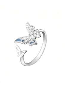 Bagues raffinées en argent sterling à double papillon bleu pour femmes, mode de niche, légèreté et luxe. Bague ouverte à doigt ajustable, design élégant et haut de gamme pour l'annulaire