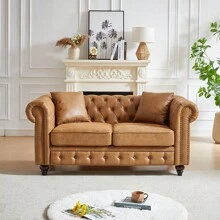 YOGLAD Button Tufted 3 Seats / 2 Seats Combo Sofa Couch With Nailhead Trim&Roll Armrest, Modern Living Room Sofa Set With Solid Wood Frame, Upholstered Mid Century Modern Couch With Wooden Legs, Chesterfield Sofa With 4 Cushions For Living Room, Apartment & Office Furniture - 棕色 - 查看 5
