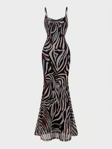 Sexy elegantes Maxikleid mit tief ausgeschnittenem Ausschnitt, slim fit, mit Zebra-Muster, feminin elegant, geeignet für Urlaub & Alltag