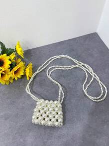 1pc Plastic Beaded Vintage Mini Square Bag Double Strap Pearl Crossbody Bag Suitable For Spring And Summer Daily Use, Perfect Gift Among Friends - Pearl Backpack - View 7