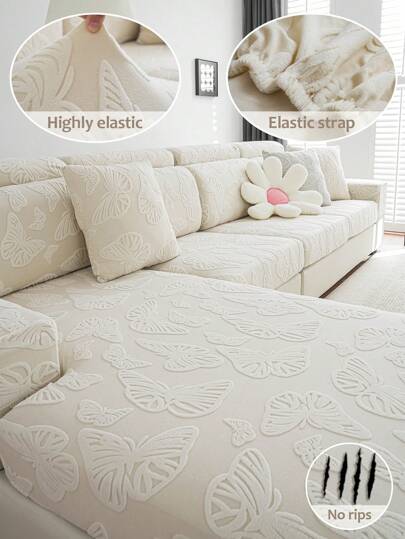 1 件秋冬奶油色风格花卉印花沙发帽带弹力全包通用套装，防猫抓防滑沙发垫，四季通用盖巾，适用于客厅沙发保护 L 型沙发和 1、2、3、4 座沙发