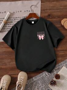 女童蝴蝶结标语印花圆领短袖T恤，春夏休闲T恤