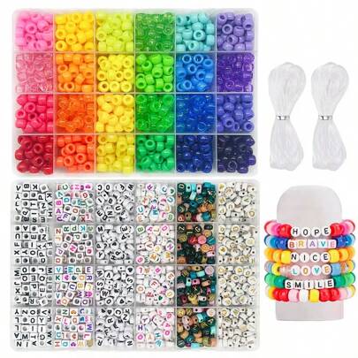 Pony Beads For Friendship Bracelet Making Kit 24 Colors Kandi Beads Set, 480Pcs Plastic Rainbow Bulk And 720pcs Letter Beads With Bead String(Letter Random)