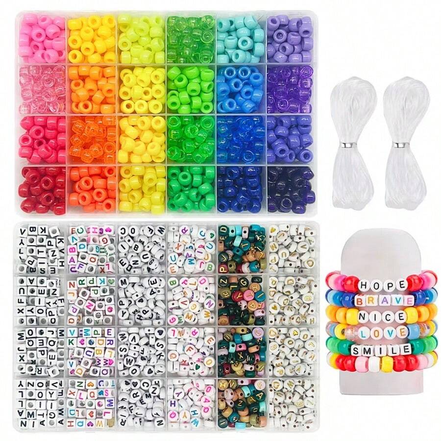 Pony Beads For Friendship Bracelet Making Kit 24 Colors Kandi Beads Set, 480Pcs Plastic Rainbow Bulk And 720pcs Letter Beads With Bead String(Letter Random) - Multicolor - View 1