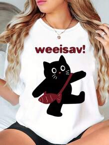 Women's Cute Black Cat Graphic Tee - Casual Round Neck Short Sleeve T-Shirt, Stretchy Polyester Blend, Machine Washable - For Women - Perfect For Casual Wear & Daily Life - Great Gift For Cat Lovers, Oversized Short Sleeve Classic Heavy Cotton T Shirt Printed Graphic Tee Women's Casual Short-Sleeved Top