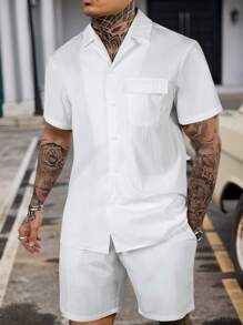 2pcs/Set Men Solid Color Short Sleeve Polo Collar Shirt And Drawstring Waist Shorts Casual Regular Outfit, Spring/Summer - White - View 1