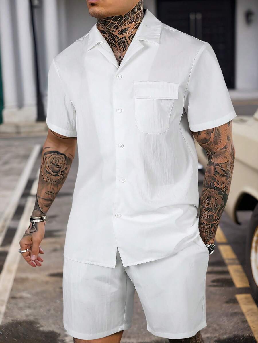 2pcs/Set Men Solid Color Short Sleeve Polo Collar Shirt And Drawstring Waist Shorts Casual Regular Outfit, Spring/Summer - White - View 1