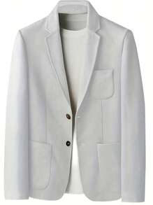 Mens Blazer Suede Jacket Casual 2 Buttons Sport Coat Faux Leather Suit Slim Fit Jacket With Lapel Collar Long Sleeves, Stylish For Business Or Leisure Occasions - 白色 - 查看 2