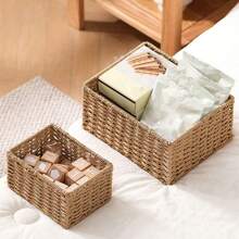 3pcs Natural Rattan-Woven Baskets Set In Beige & Camel Tan, Country Style, Paper Rope & Iron Frame Handwoven, Suitable For Desktop Organization
