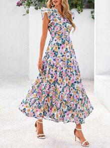 Women's Summer Print Mid-Length Dress With Sleeve Cap V-Neck Ruffled Long Flowing Bohemian Style Casual Beach Holiday Dress - 紫底粉花 - 查看 5