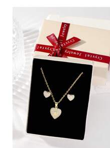 3pcs/Set (With Gift Box) Fashionable Luxurious Zirconia Inlaid Butterfly & Heart Copper Pendant Earrings, Stainless Steel 18K Gold Plated Necklace, Lovely Jewelry Set Suitable For Party & Daily Wear, Birthday Gift For Girlfriend/Mom